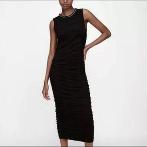 Zara Draped Knit Sleeveless Midi Dress Silver Chain Necklace Trim Black Ruffles